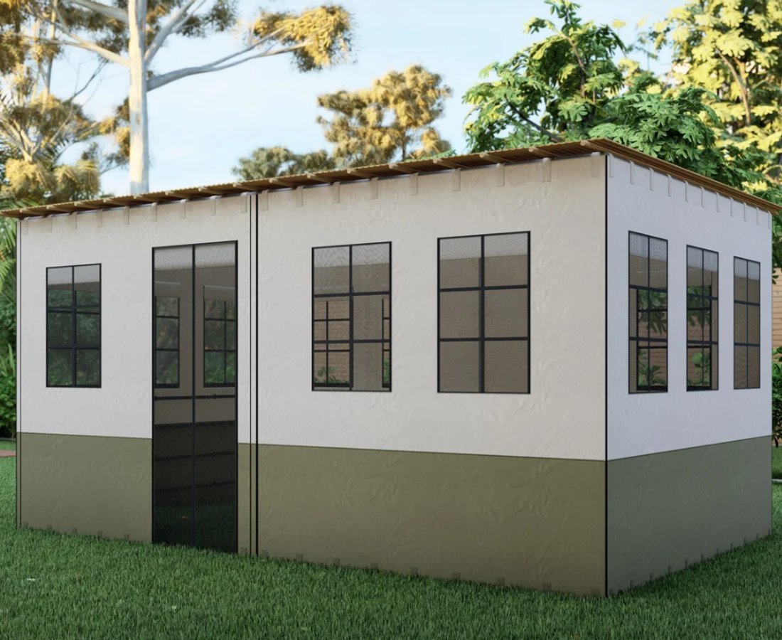 Fabric sukkah walls with framed window and doorway details